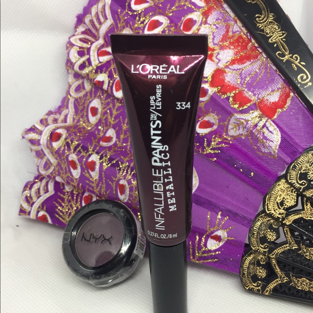 NYX purple eyeshadow and Metallic lipstick